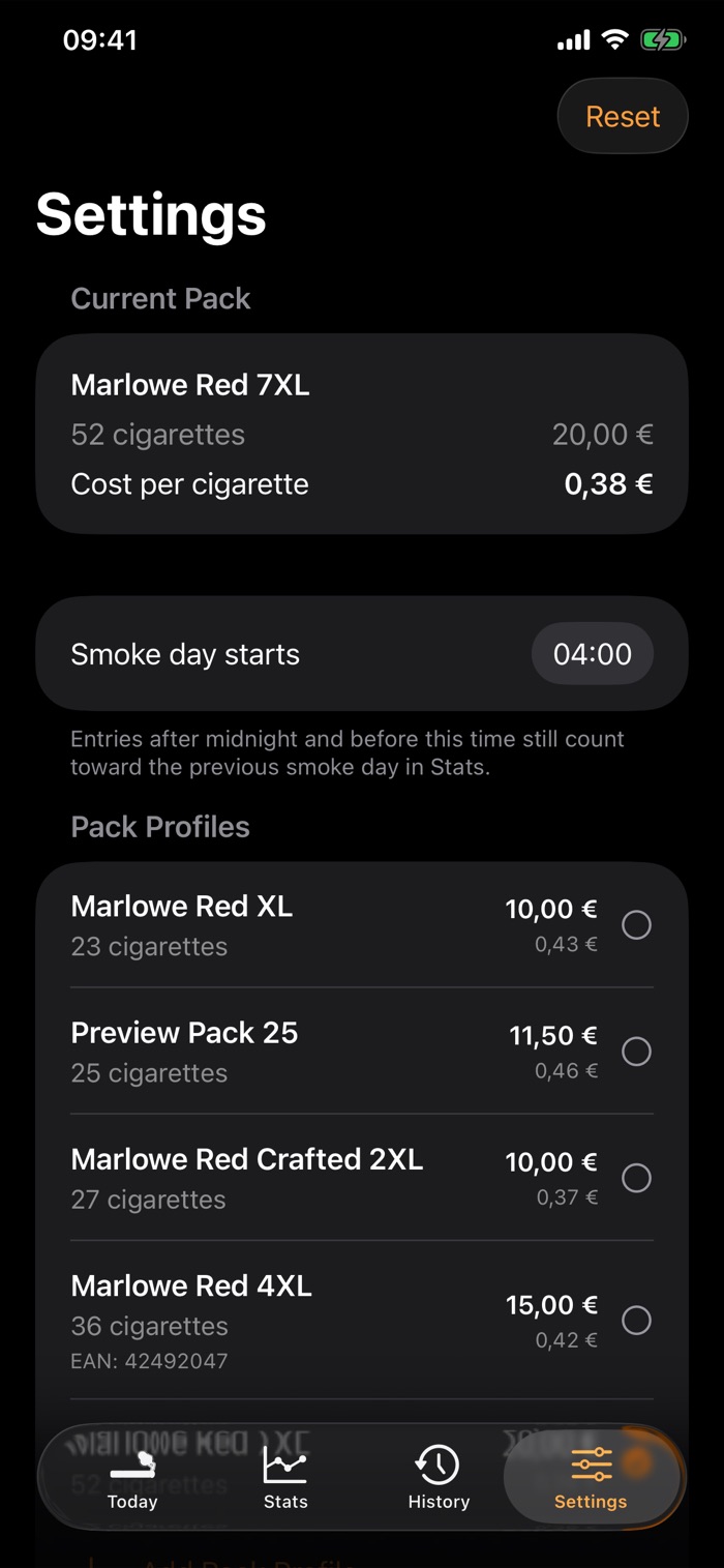 Smoke Bloke iPhone Settings screen
